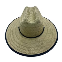 A light tan bucket hat with a wide brim and a navy trim, featuring a branding logo.
