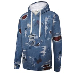 A denim fashion hoodie in various shades of blue, featuring distressed patches and star motifs; includes a logo.