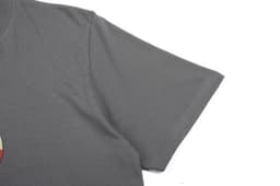 A grey cotton T-shirt with a short sleeve and a logo on the front.