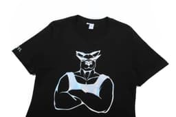 A black cotton t-shirt featuring a large, stylised graphic of a muscular figure on the front, with a logo on one sleeve.