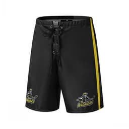 Black ice hockey shorts featuring a yellow side stripe and a logo on the leg.