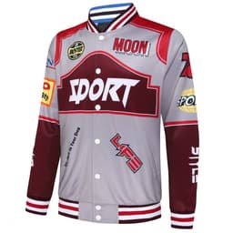 A reversible varsity jacket in grey and burgundy, featuring various patches and a striped collar.