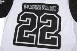 A white sports uniform featuring black detailing, with a large number "22" and a placeholder for "PLAYER NAME."