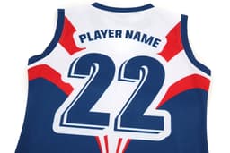 A women's singlet in navy blue, red, and white, featuring a large number '22' and branding.