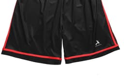 Black soccer shorts with red accents and a logo on the lower left side.