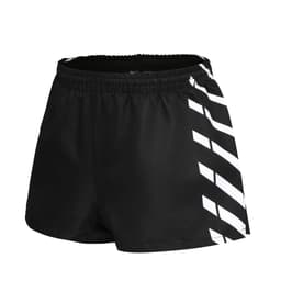 Black football shorts with a white geometric pattern on the side, featuring an elastic waistband and a branded logo.