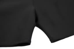A black swimming coath designed to be anti-chlorine, featuring smooth, stitched edges. It includes a logo.