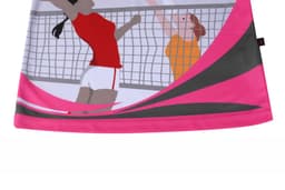A vibrant pink volleyball singlet featuring red and orange players, with a dynamic graphic design and a logo.