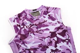 A cycling racing vest in shades of purple with a camouflage pattern and a partial zip at the front.