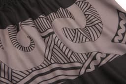 Aboriginal/Indigenous shorts featuring intricate black and grey patterns in a stylish design.