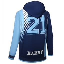 A navy and light blue hoodie with a hood, featuring the number 21 and a name on the back. It has a logo.