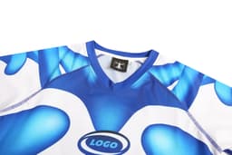 Blue and white swimwear featuring a vibrant design and a logo on the front.