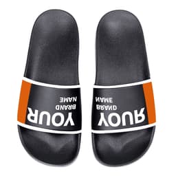 Black slippers with a wide orange and white strap featuring text and a branding logo.