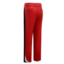 Red pants with black side panels, featuring two back pockets and a tailored design. Includes branding on the garment.