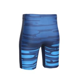 Tight shorts featuring a blue and navy abstract wave pattern with a logo on the side.