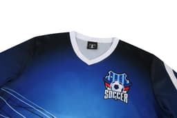 A blue and black soccer uniform T-shirt featuring a logo and a V-neck design.
