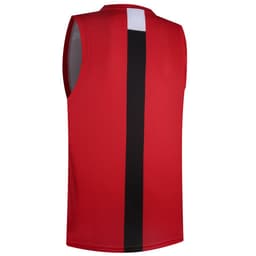 A red sleeveless singlet featuring a black stripe down the centre and a logo on the back.