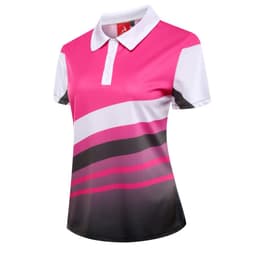 A women's polo shirt featuring a vibrant pink, white, and black design, with a logo on the upper left side.