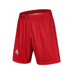Red uniform shorts featuring an athletic design and a logo on the side.