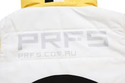 A winter coat with yellow and white colours, featuring removable sleeves and hood, and a logo on the back.