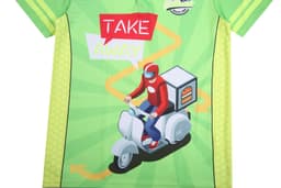 A bright green uniform featuring a graphic of a delivery rider on a scooter, with a logo and design elements.