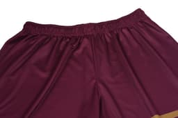 Maroon shorts featuring an elastic waistband and a golden trim at the bottom. Includes a logo on the waistband.