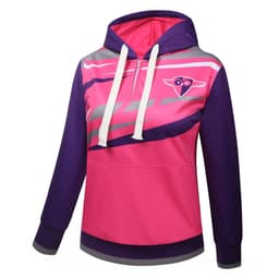 A 1/4 zip hoodie in shades of pink and purple with a hood and contrasting front design, featuring a logo.