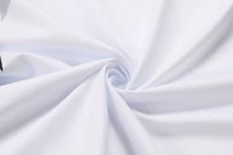 A smooth, white fabric with a slight sheen, suitable for sports uniforms, featuring a logo.