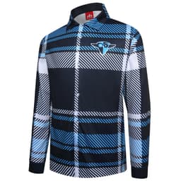A long-sleeve flannel shirt featuring a blue and black plaid pattern, with a logo on the chest.
