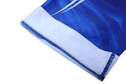 A blue swimming team uniform featuring an anti-chlorine fabric with a white trim and a logo.