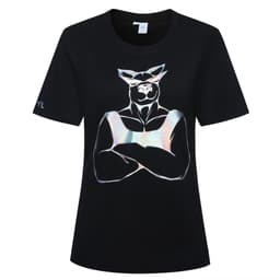 A black cotton t-shirt with a shiny, reflective graphic design featuring a muscular figure. The shirt has a logo on the sleeve.