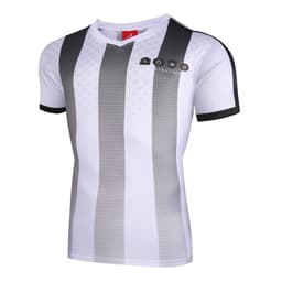 A jersey featuring vertical grey and white stripes, short sleeves, and a logo on the front.