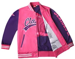 A pink and purple varsity jacket featuring a logo and printed lining. The jacket has striped cuffs and a bold design.