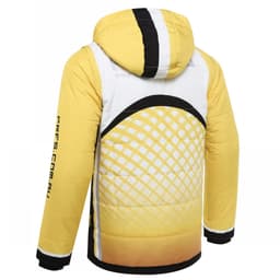 A yellow and white winter coat featuring removable sleeves and a hood, with a grid pattern on the back.
