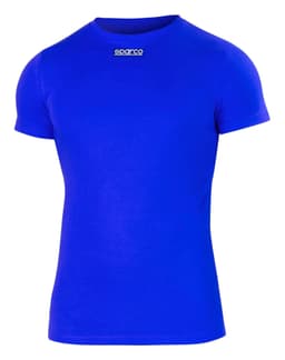 A blue short-sleeved T-shirt with a logo on the chest.