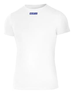A white short-sleeved T-shirt featuring a logo on the front. The shirt has a fitted design.