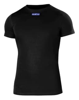 A black short-sleeved t-shirt featuring a logo on the front panel. Perfect for casual wear or sporting activities.