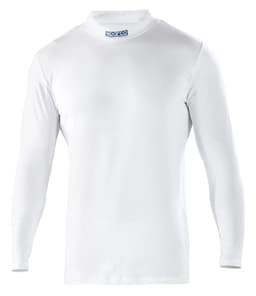 A long-sleeved white T-shirt with a round neck and a logo on the neckline.