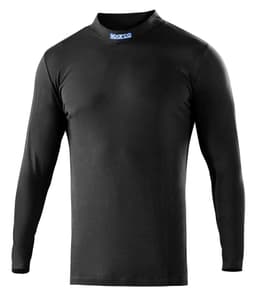 A black long sleeved t-shirt featuring a logo at the neck. The fabric appears smooth and fitted.