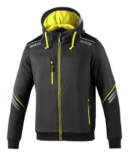 A full zip hooded jacket in black with yellow accents and reflective details, featuring a logo on the chest.