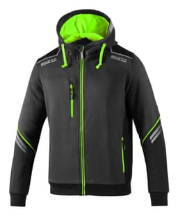 A full zip hooded jacket in black with vibrant green accents and a logo, featuring a lined hood and zip pockets.