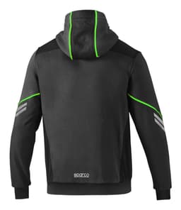 A black hooded jacket with green accents and a logo on the back, featuring a full zip and long sleeves.