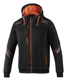 A black hooded jacket with orange accents, featuring a full zip and reflective details, including a logo.