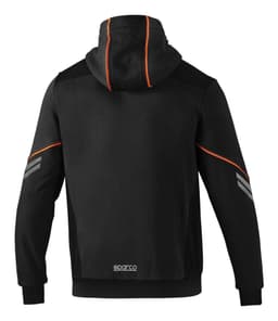 A black hooded jacket featuring orange accents and a logo on the lower back.