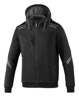 A black full zip hooded jacket featuring a logo and reflective stripes on the shoulders.