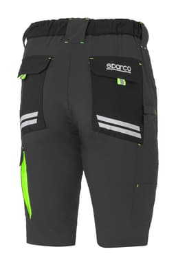 Practical black shorts with reflective detailing and multiple pockets, featuring a comfortable elastic waistband.
