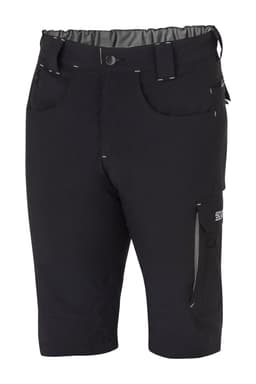 Black shorts with multiple pockets and a waistband, featuring contrasting stitching and a logo.