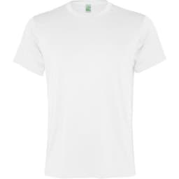 A plain white T-shirt featuring a crew neck and short sleeves. It has a branding logo on the tag.