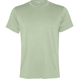 A light green T-shirt with short sleeves and a round neck, featuring a brand logo on the label.