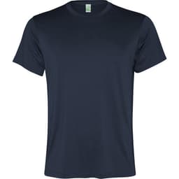 A navy blue t-shirt with a round neckline and short sleeves, featuring a logo on the tag.